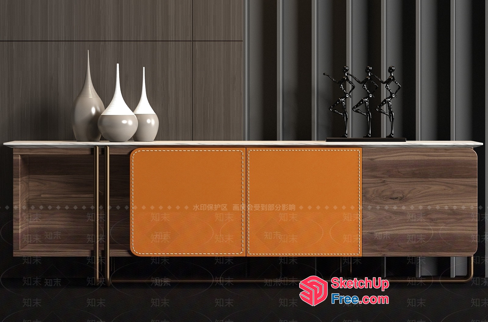 Modern Wood And Leather Furniture With Decorative Vases 3D SketchUp File