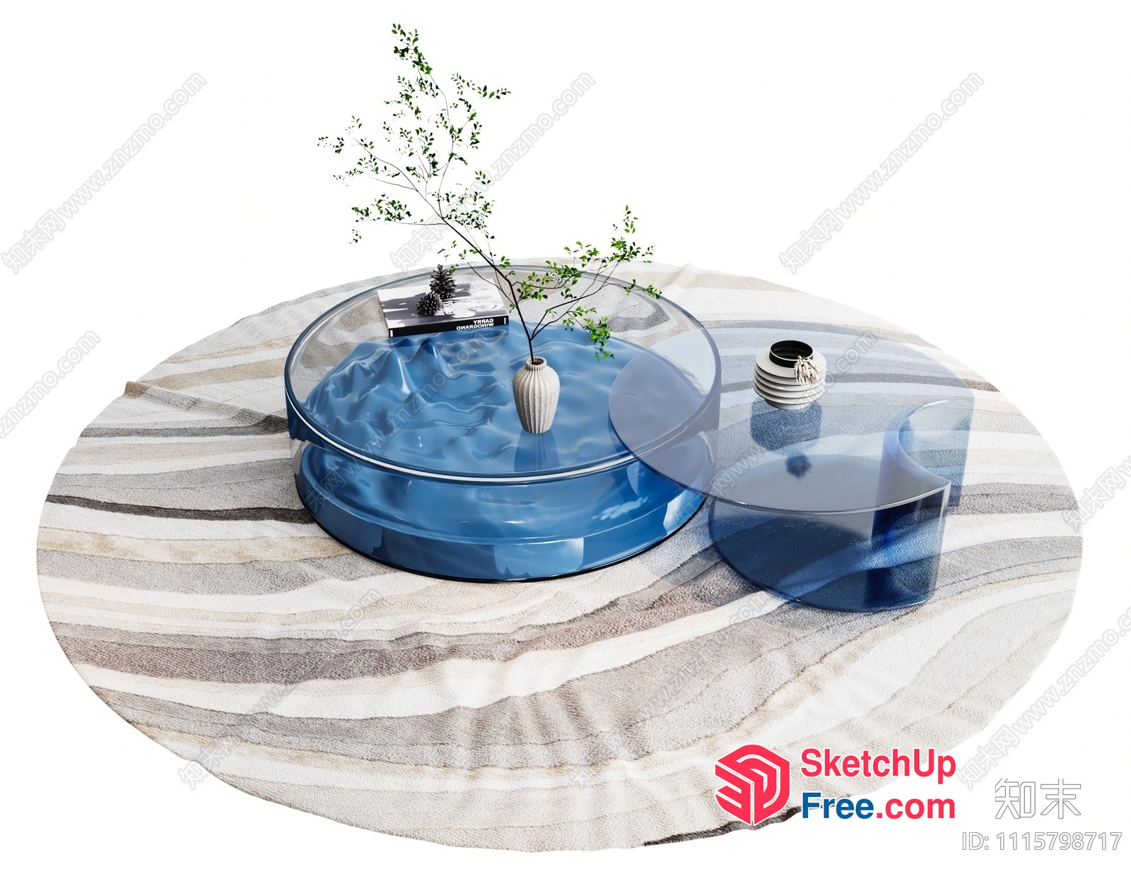 Modern Blue Glass Coffee Table With Decorative Vase And Plant 3D SketchUp File