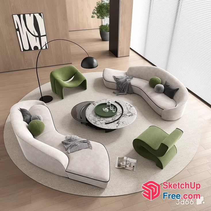 Elegant Living Room Design With Curved Sofa And Marble Coffee Table 3D SketchUp File