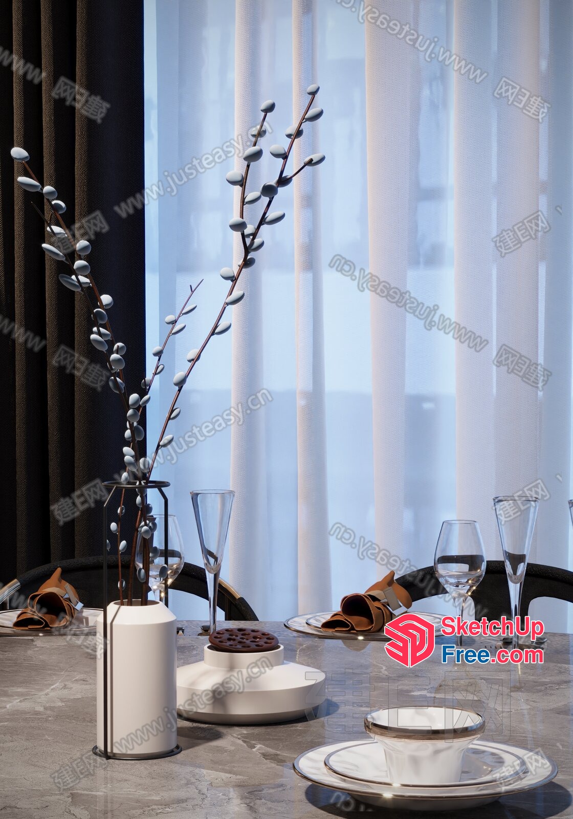 Elegant Dining Room With Modern Decor And Table Setting 3D SketchUp File