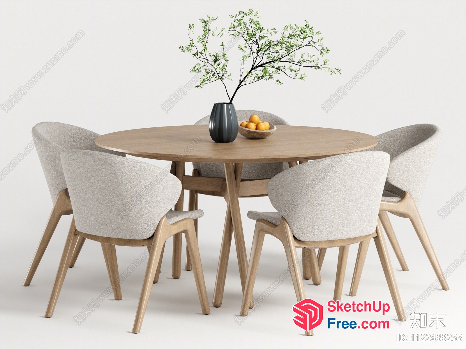 Modern Round Dining Table With Light Wood Legs And White Chairs 3D SketchUp File