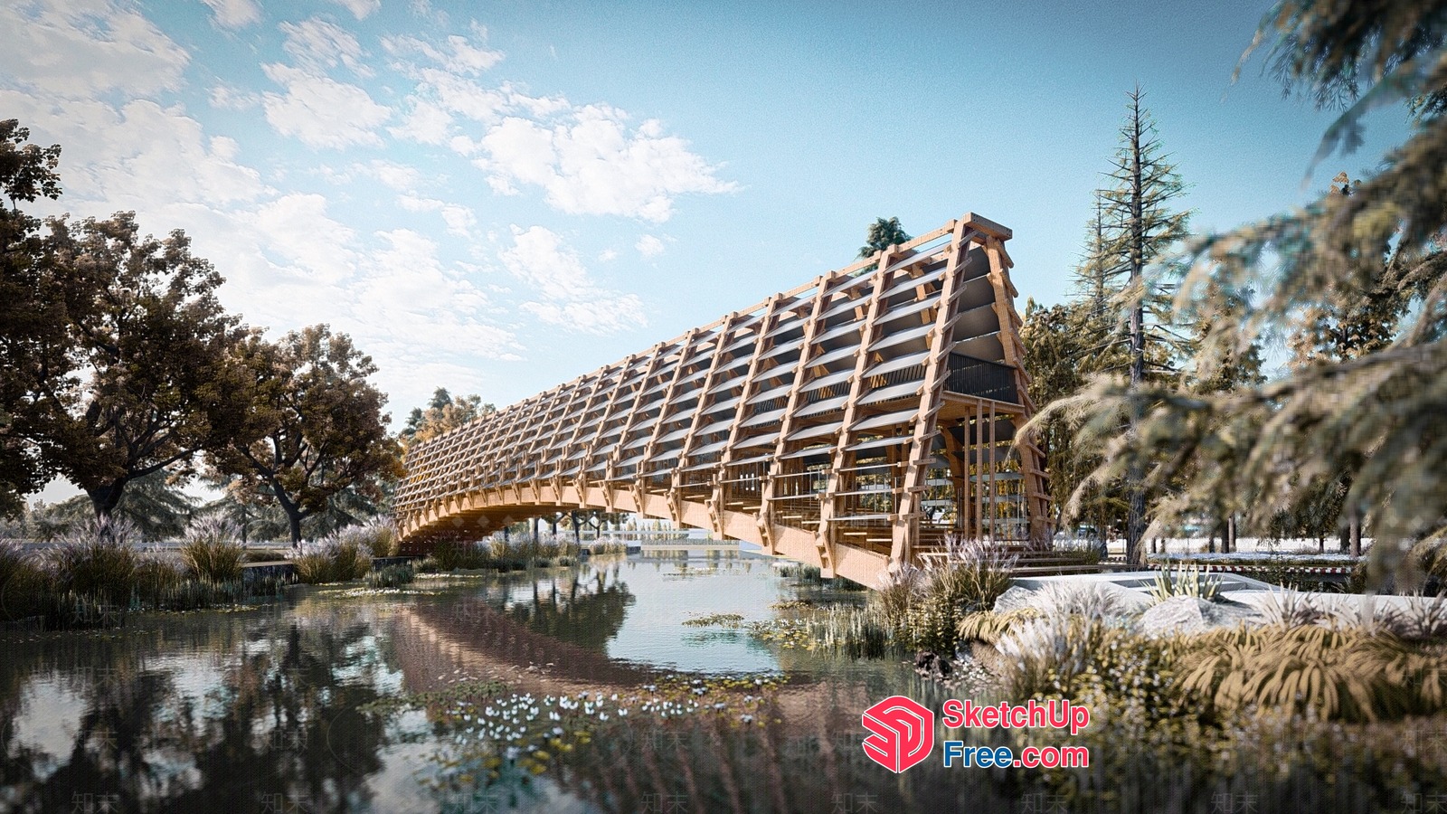 Elegant Wooden Bridge Spanning Serene Lake 3D SketchUp File
