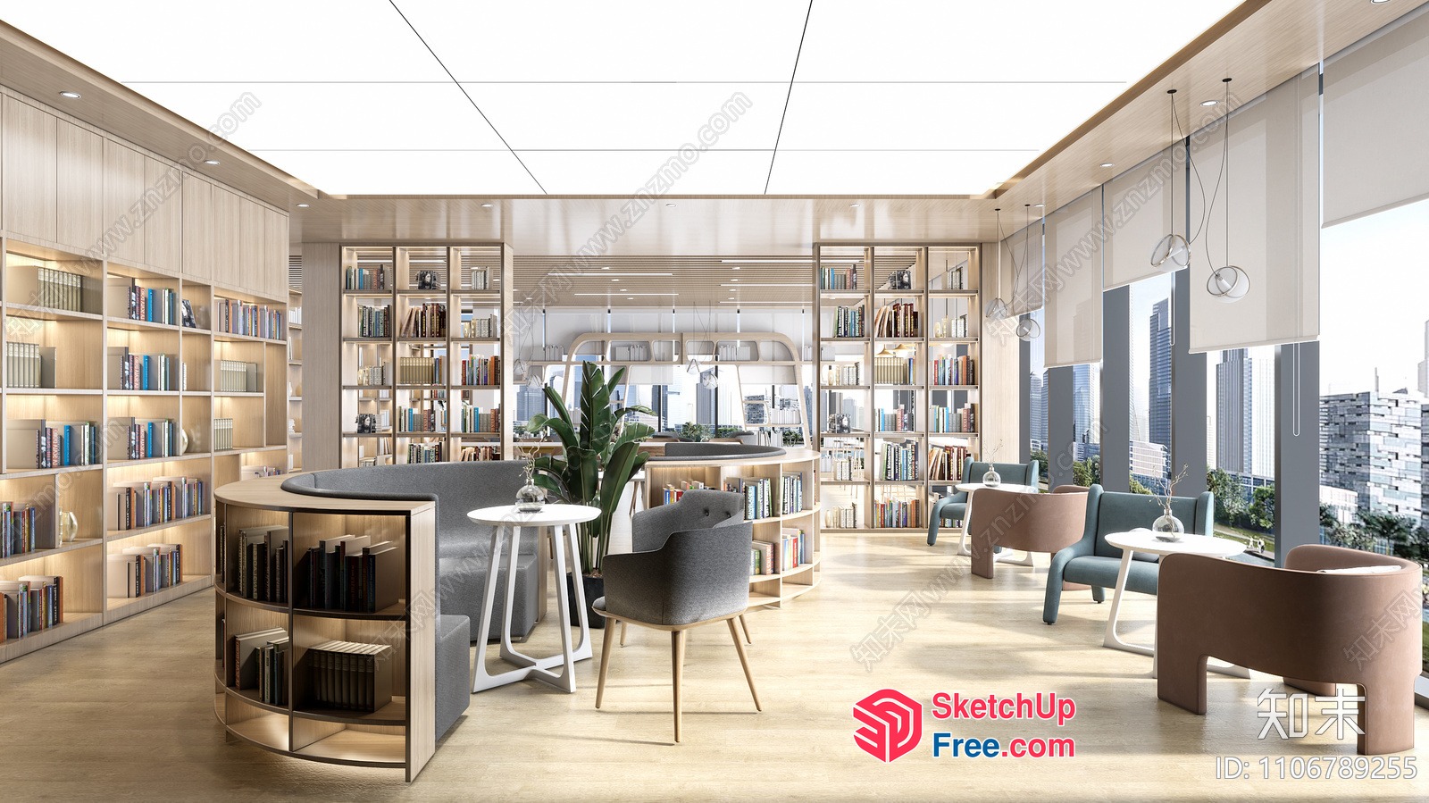 Modern Library Interior With Bookshelves And Seating Area 3D SketchUp File