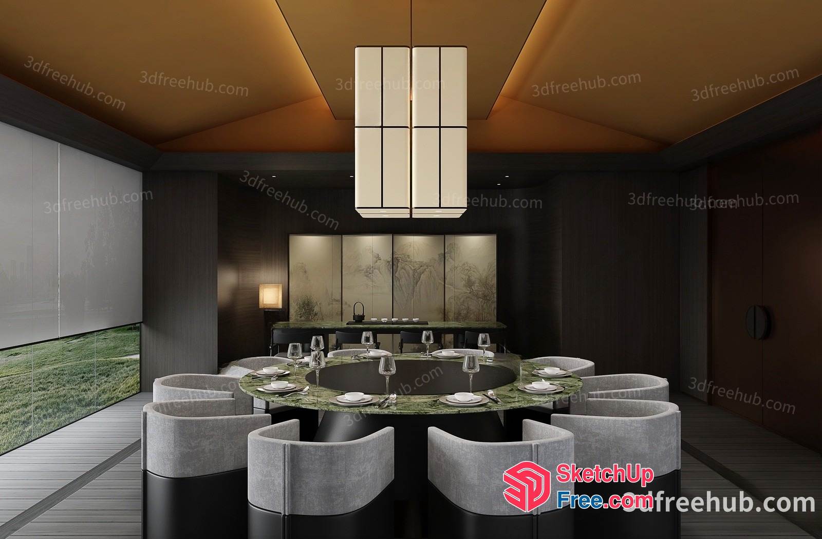 Elegant Dining Room With Circular Table And White Chairs 3D SketchUp File