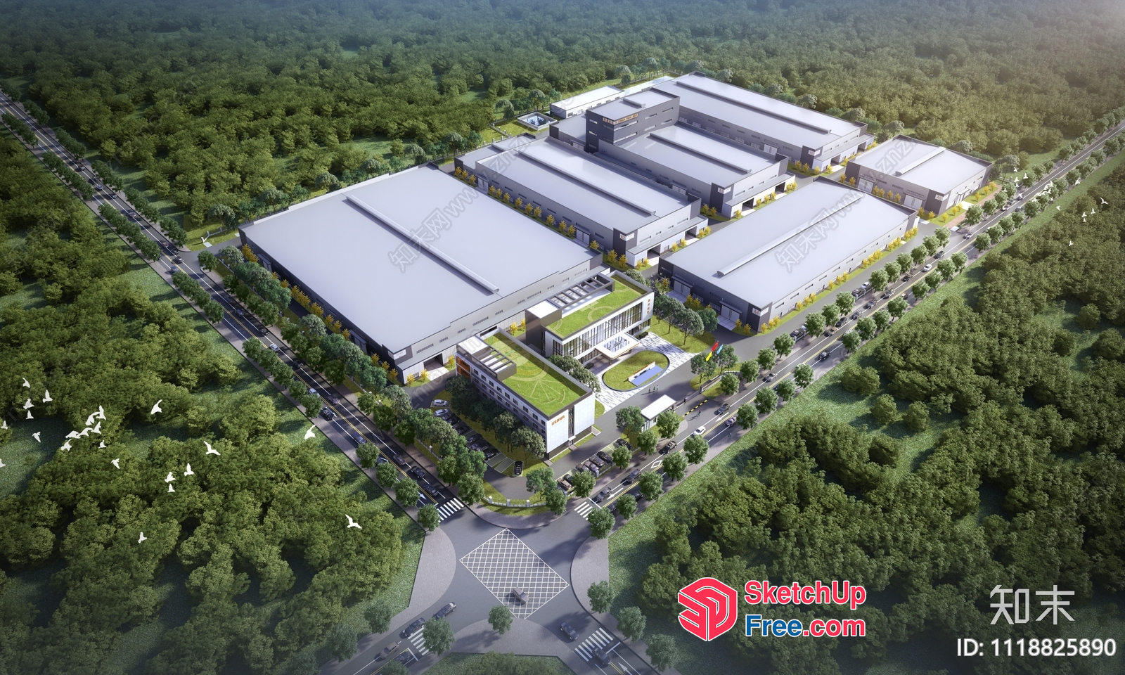 Modern Industrial Park Building With Green Surroundings 3D SketchUp File