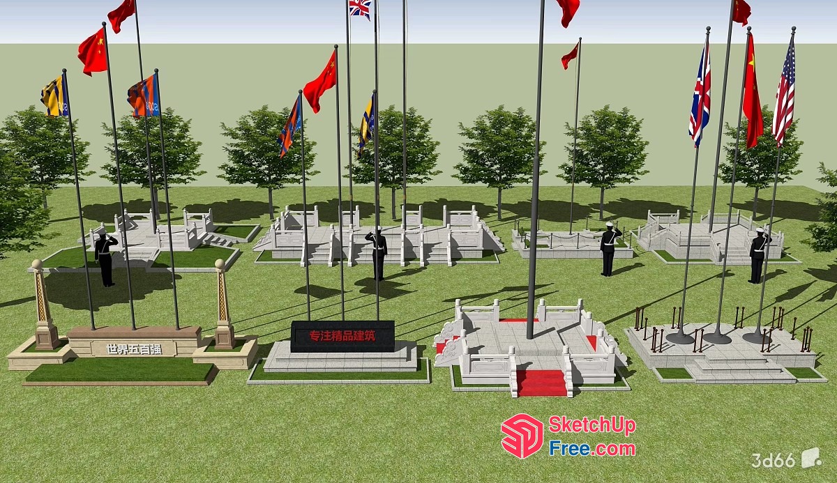 Exterior Flagpoles In A Park 3D SketchUp File