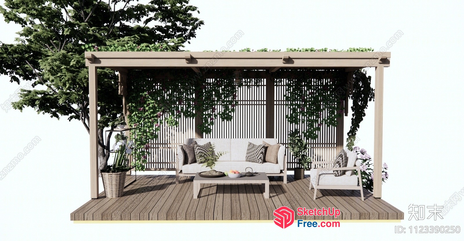 Outdoor Seating Area With Pergola And Wooden Floor 3D SketchUp File