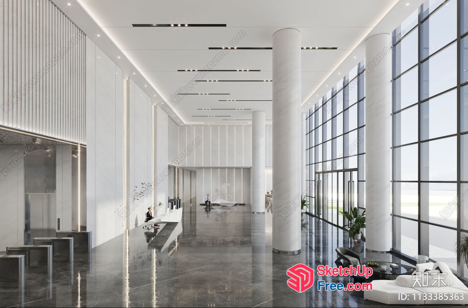 Modern Office Space With Glass Curtain Wall And Pillars 3D SketchUp File