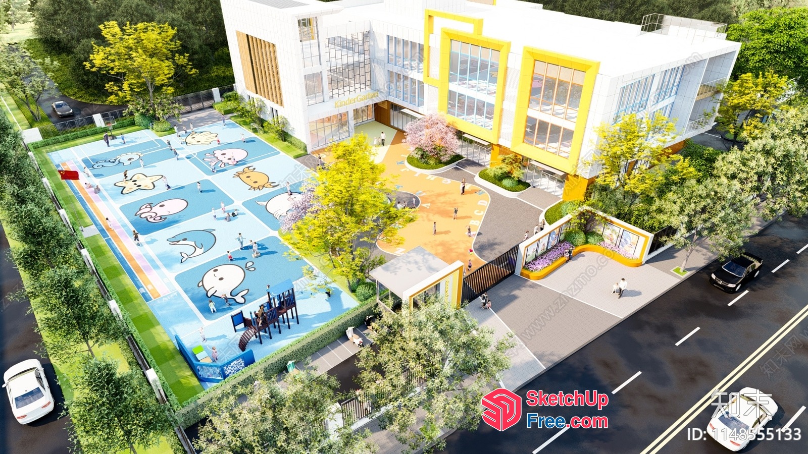 Aerial View Of A Modern School Building With A Playground 3D SketchUp File