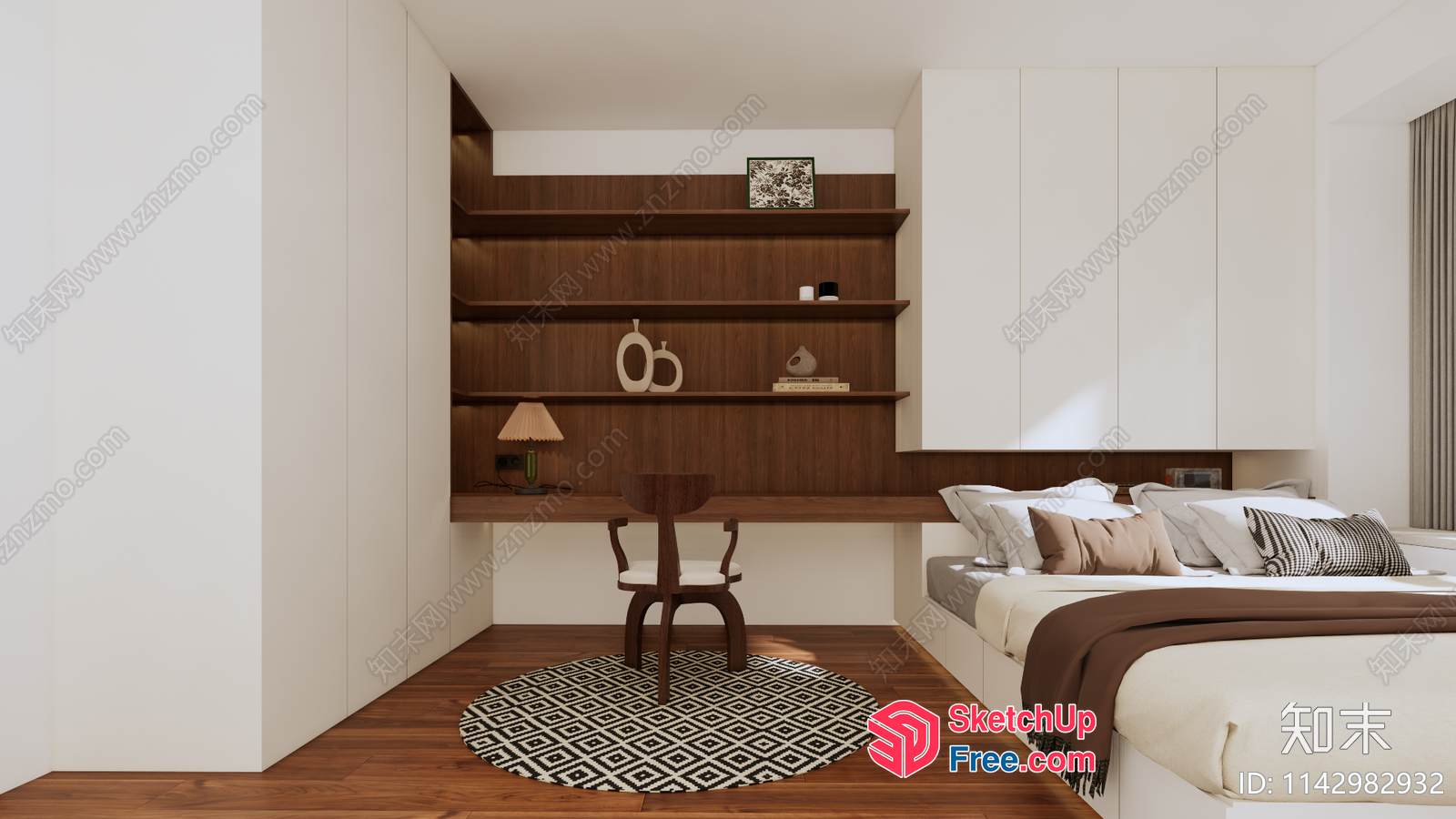 Minimalist Style Bedroom With White And Brown Furniture 3D SketchUp File