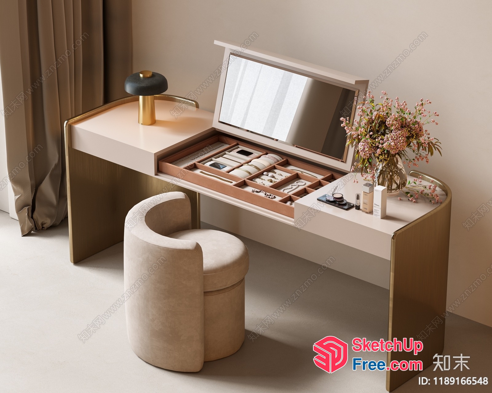 Elegant Creamy Style Creamy Style Makeup Desk With Storage 3D SketchUp File