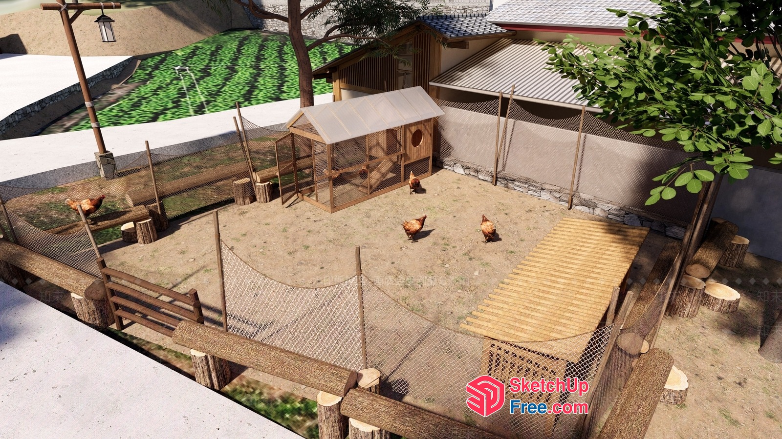 Rustic Chicken Coop With Fenced Run And Wooden Fencing 3D SketchUp File