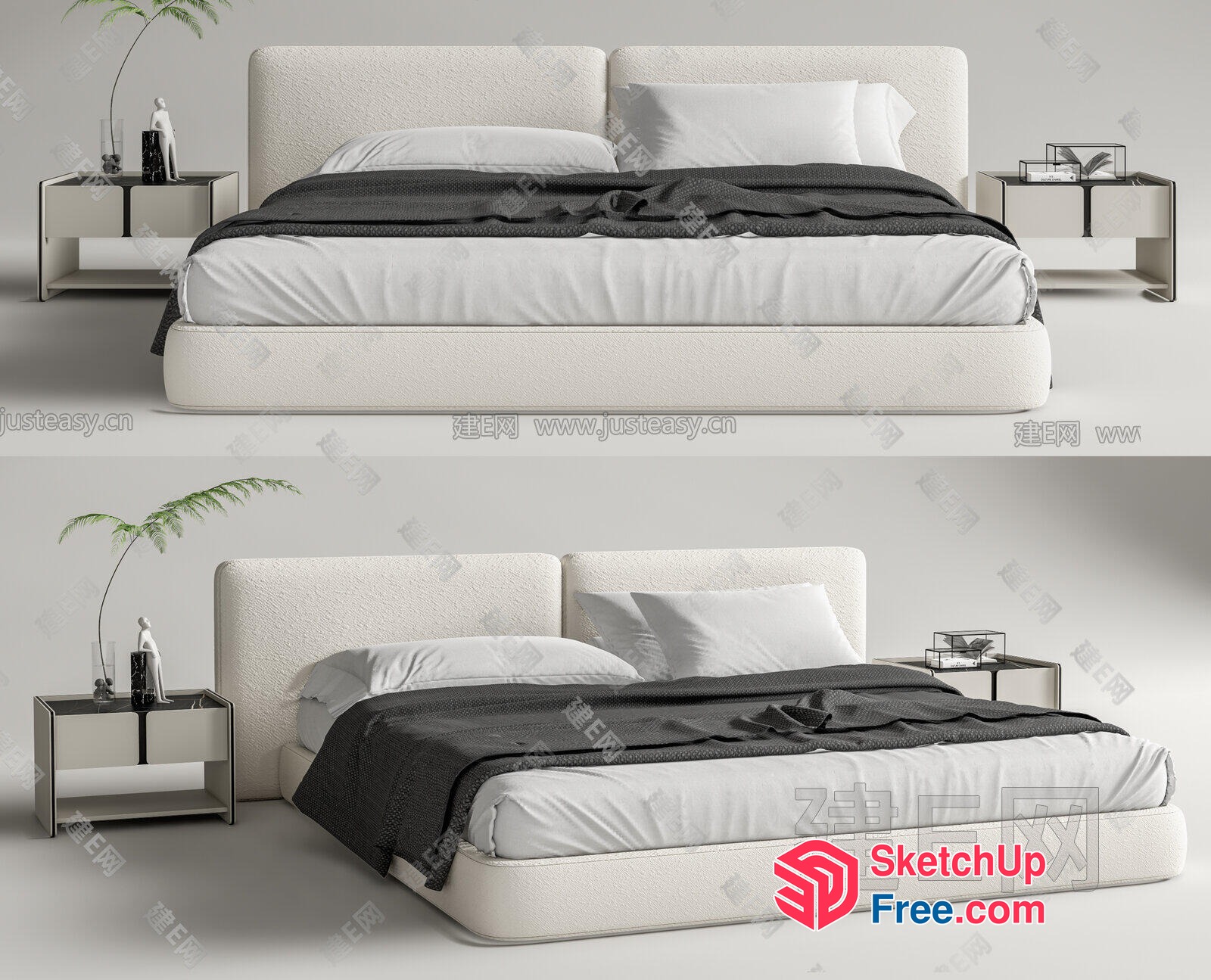 Minimalist White Bed With Matching Side Tables 3D SketchUp File