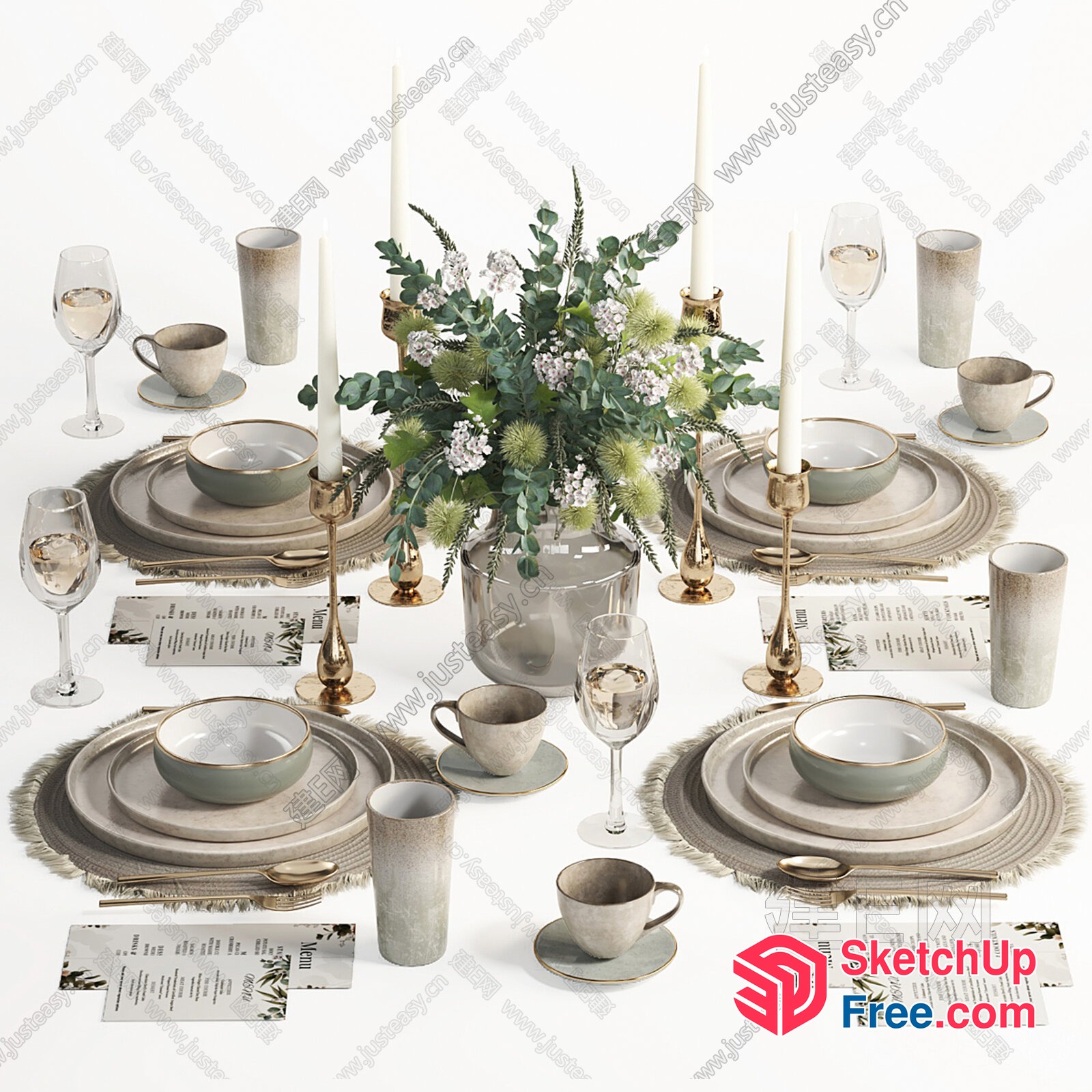 Elegant Table Setting With Floral Arrangement 3D SketchUp File