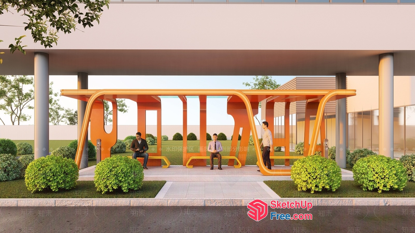 Modern Outdoor Bus Stop With Unique Design And Seating 3D SketchUp File