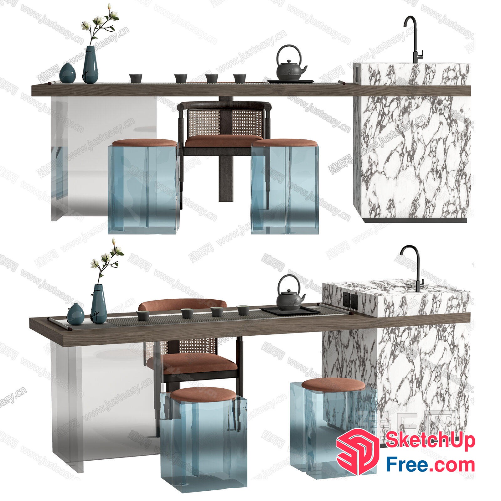 Modern Kitchen Island With Glass Block And Marble Accent 3D SketchUp File