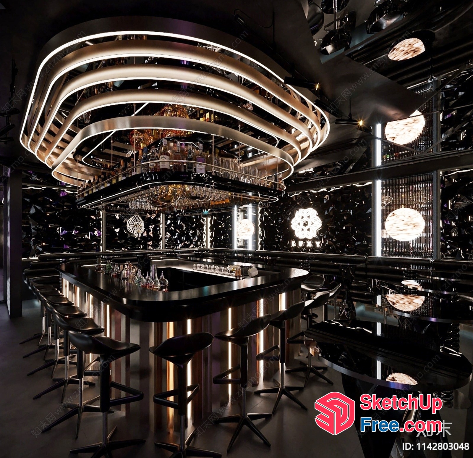 Luxurious Modern Bar Interior With Sleek Lighting And Seating 3D SketchUp File