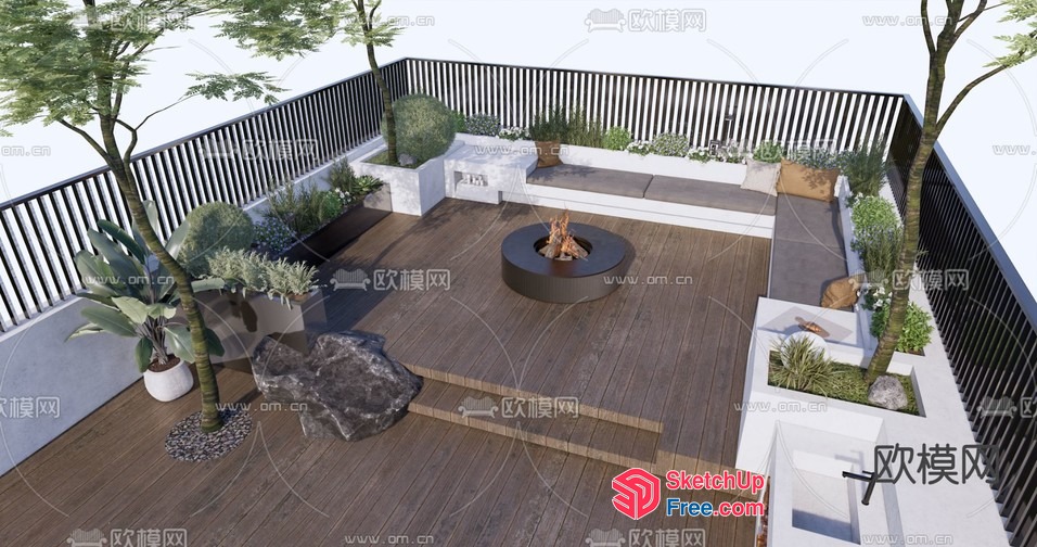Modern Outdoor Patio With Fire Pit And Seating 3D SketchUp File