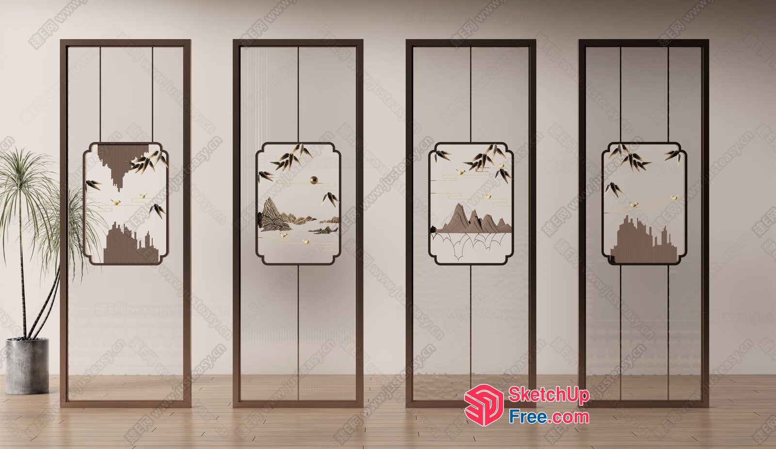 Elegant Partition Screen With Asian-Inspired Decor 3D SketchUp File
