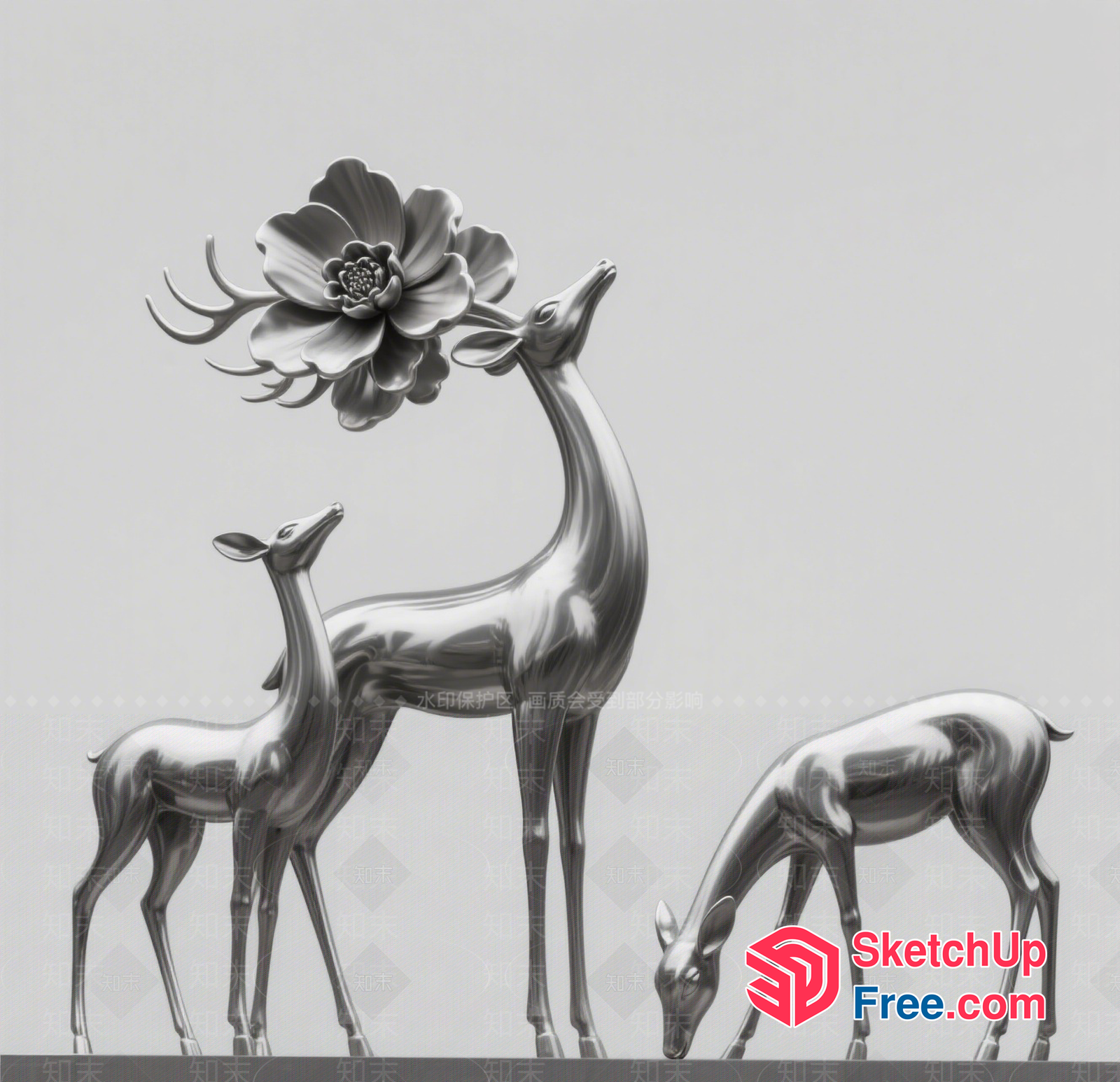 Three Deer Statues With Flower Decoration 3D SketchUp File