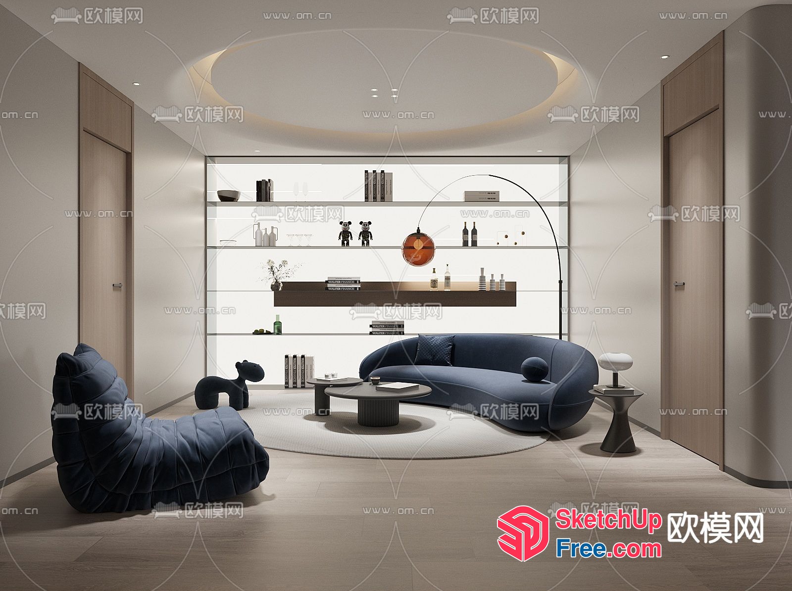 Modern Minimalist Living Room With Curved Sofa And Coffee Table 3D SketchUp File