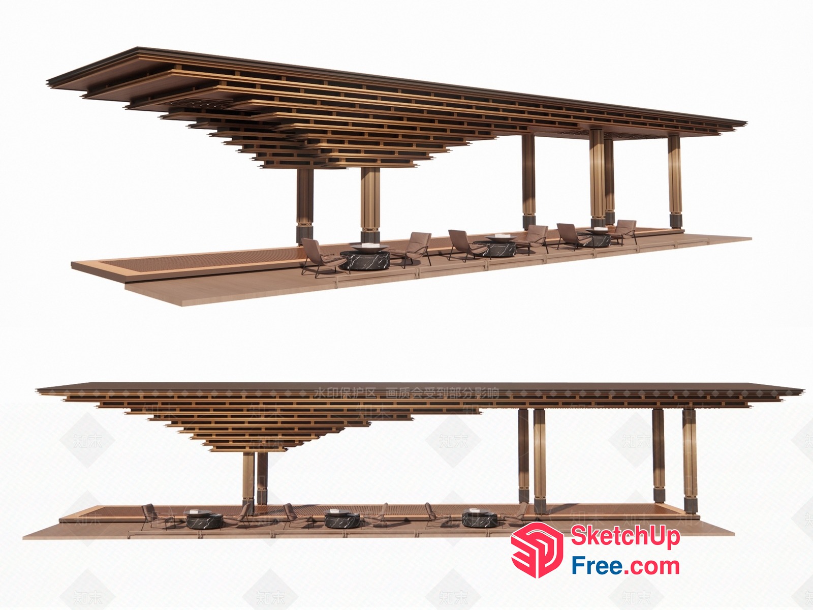 Wooden Outdoor Seating Area With Pillars 3D SketchUp File