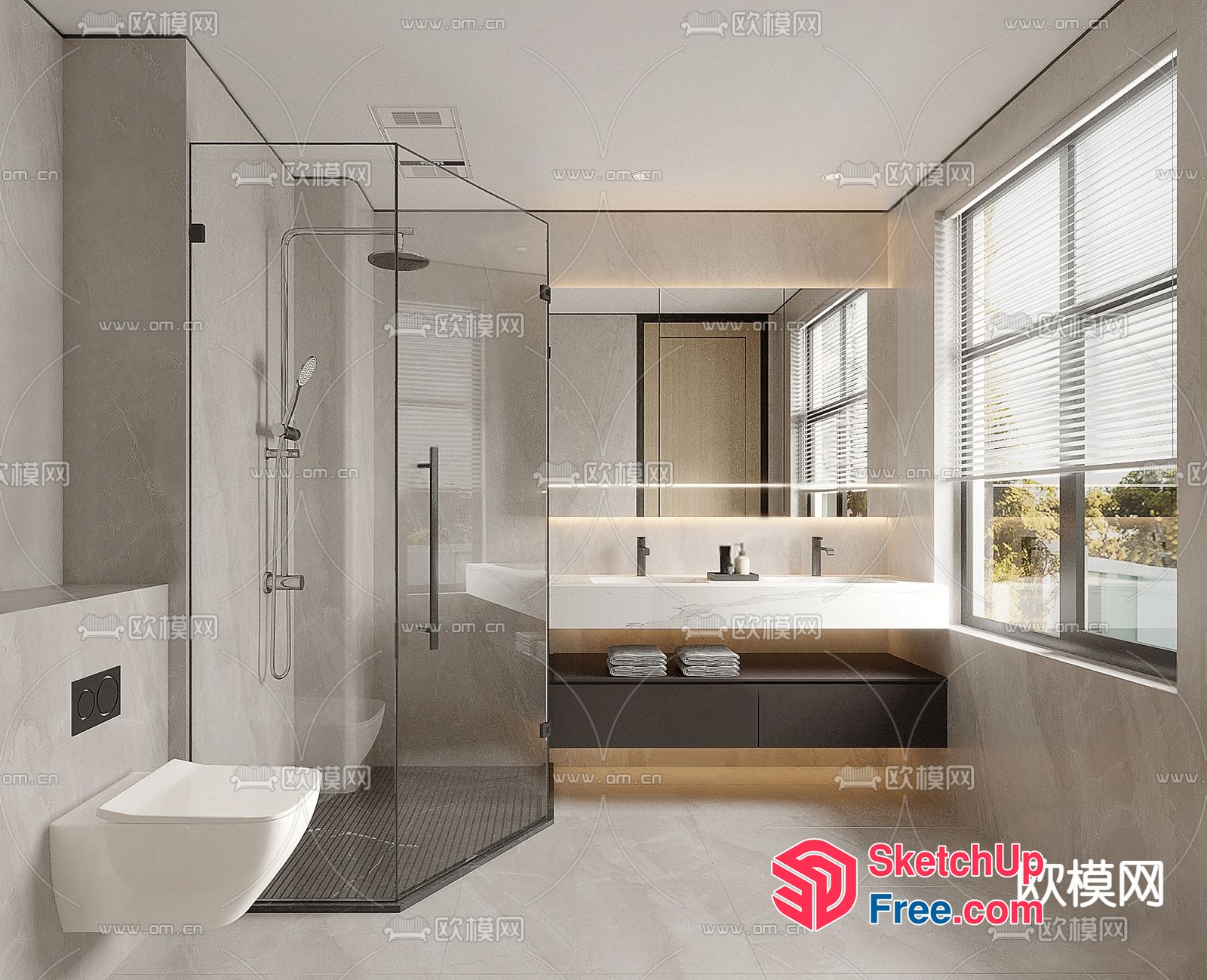 Modern Minimalist Bathroom With Glass Shower Enclosure 3D SketchUp File