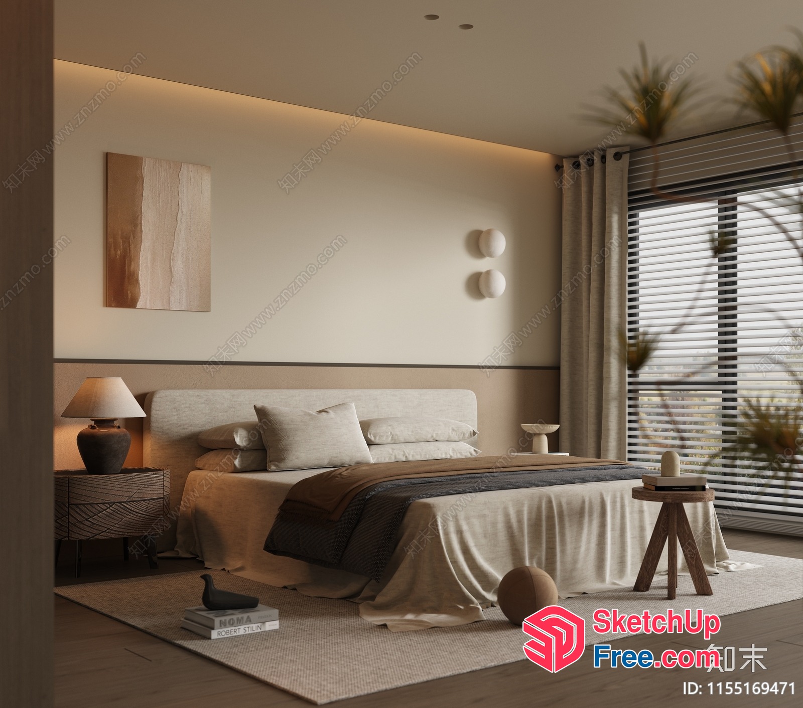 Modern Minimalist Bedroom With Natural Color Palette And Textured Elements 3D SketchUp File