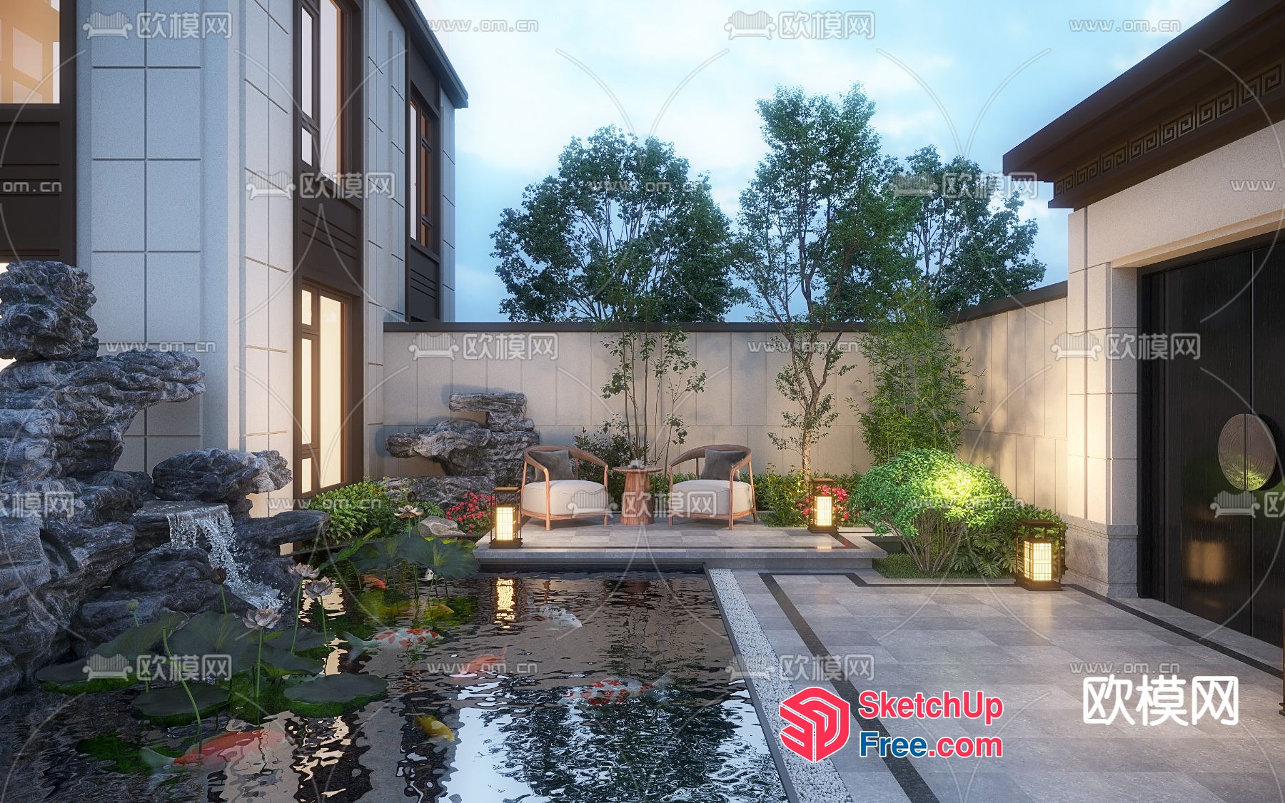 Elegant Modern Villa With Koi Pond And Waterfall 3D SketchUp File