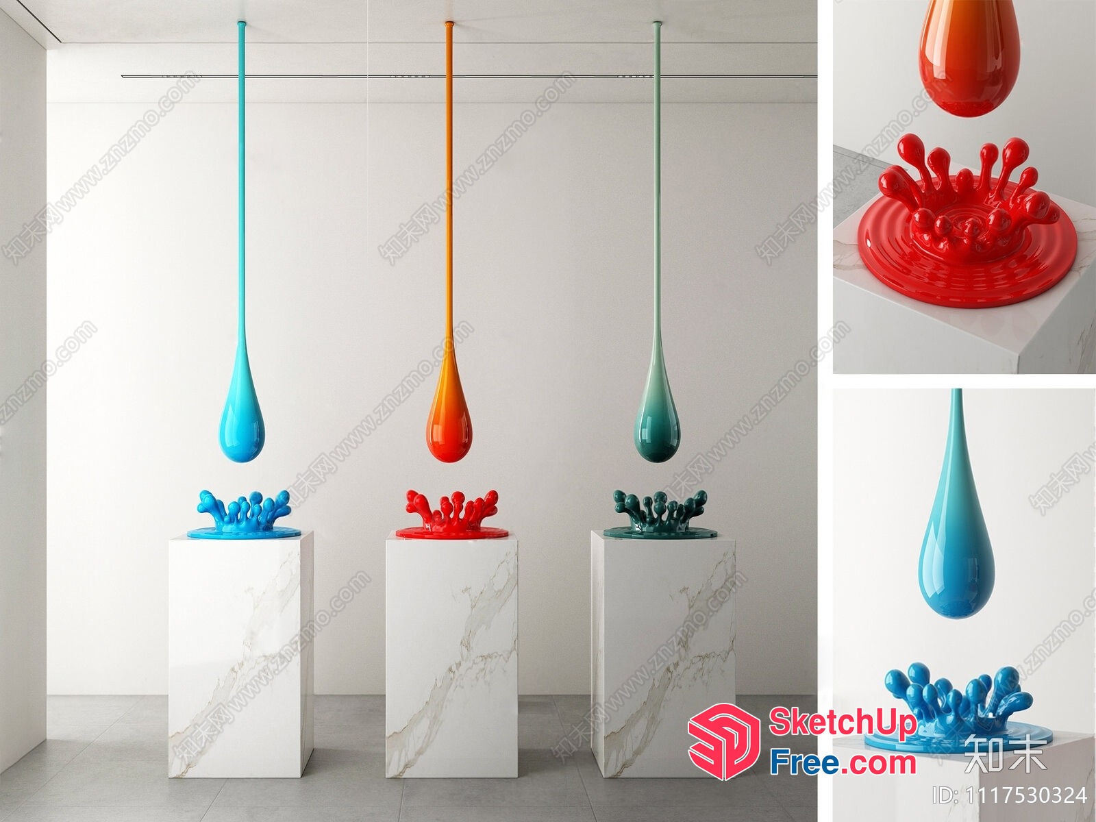 Vibrant Glass Sculptures On White Marble Pedestals 3D SketchUp File