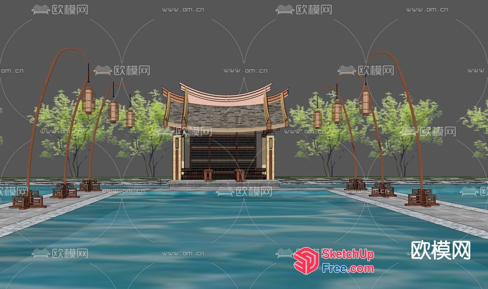 Traditional Japanese Temple And Pool Scene 3D SketchUp File