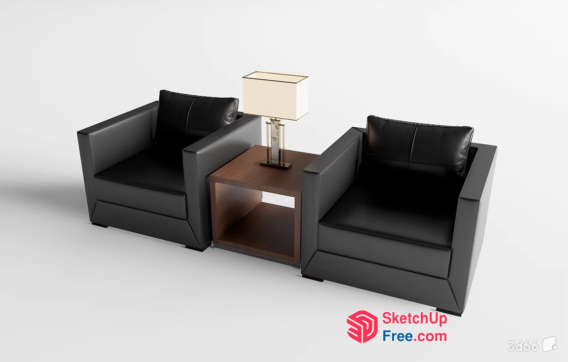 Two Black Leather Chairs And A Wooden Table 3D SketchUp File