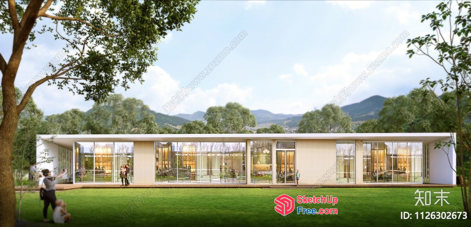 Modern Glass Curtain Wall Building In A Lush Green Landscape 3D SketchUp File