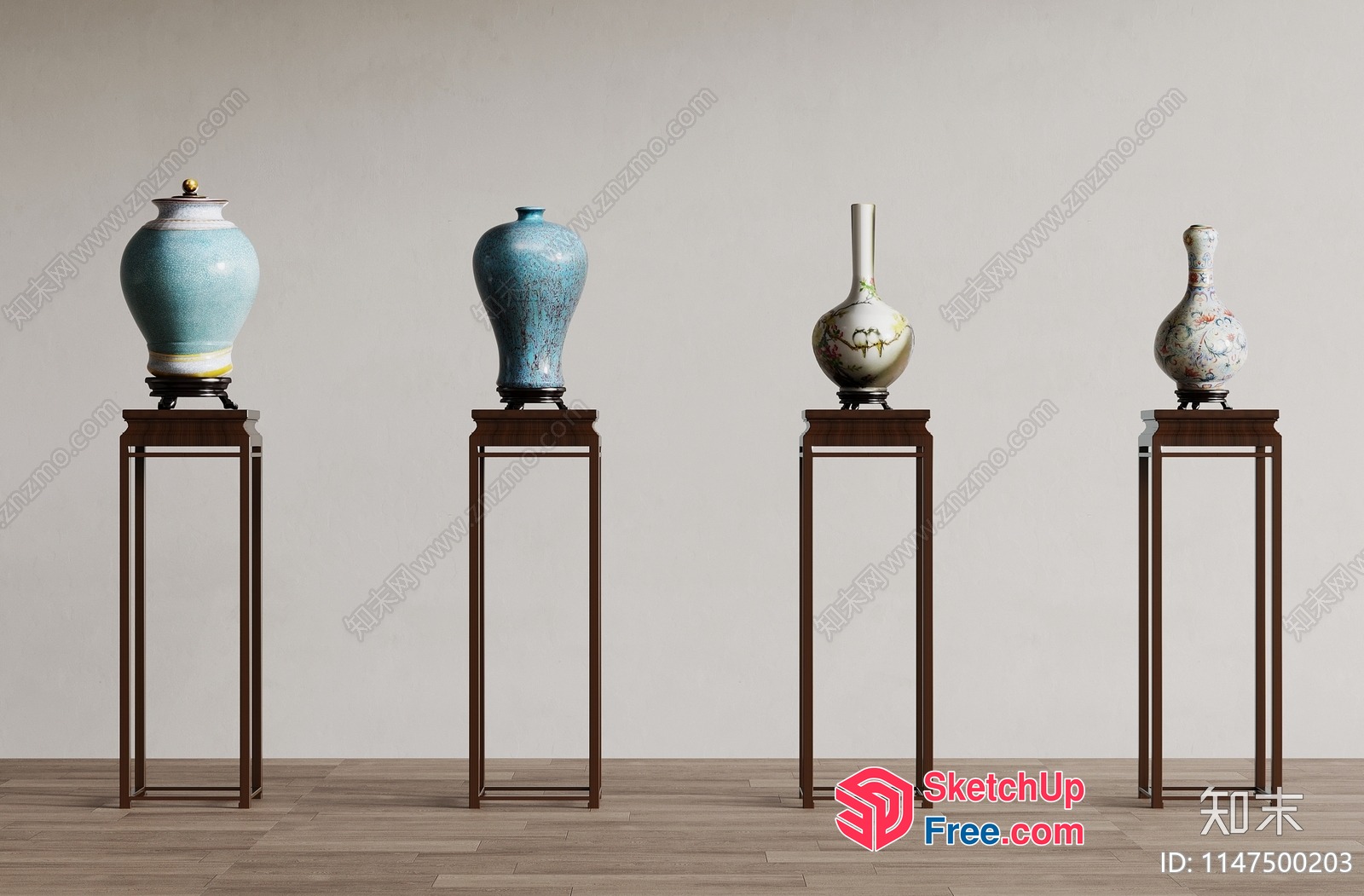 Chinese Decorative Vases On Tall Stands 3D SketchUp File