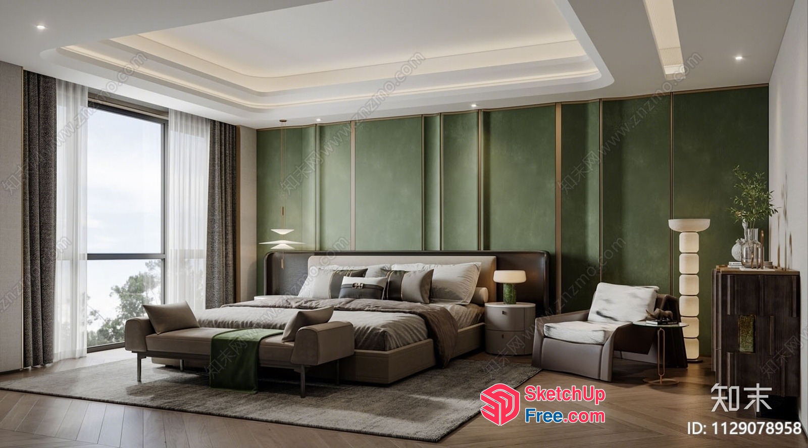 Elegant Modern Bedroom With Green Accent Wall 3D SketchUp File