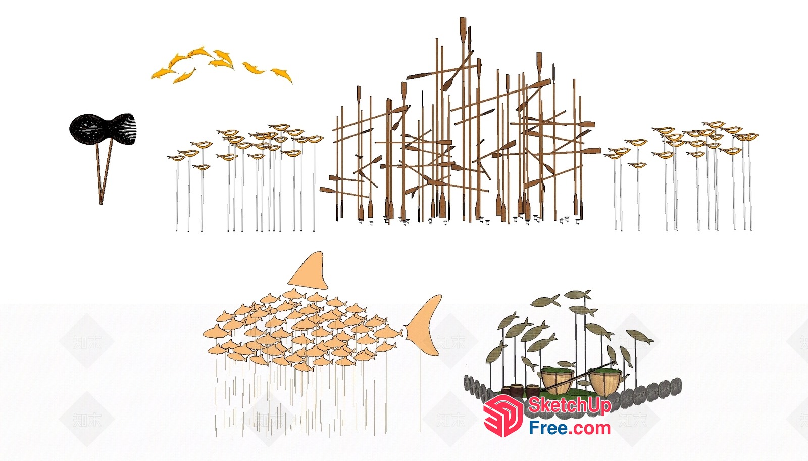 Fish-Themed Artwork With Various Fishing Tools 3D SketchUp File