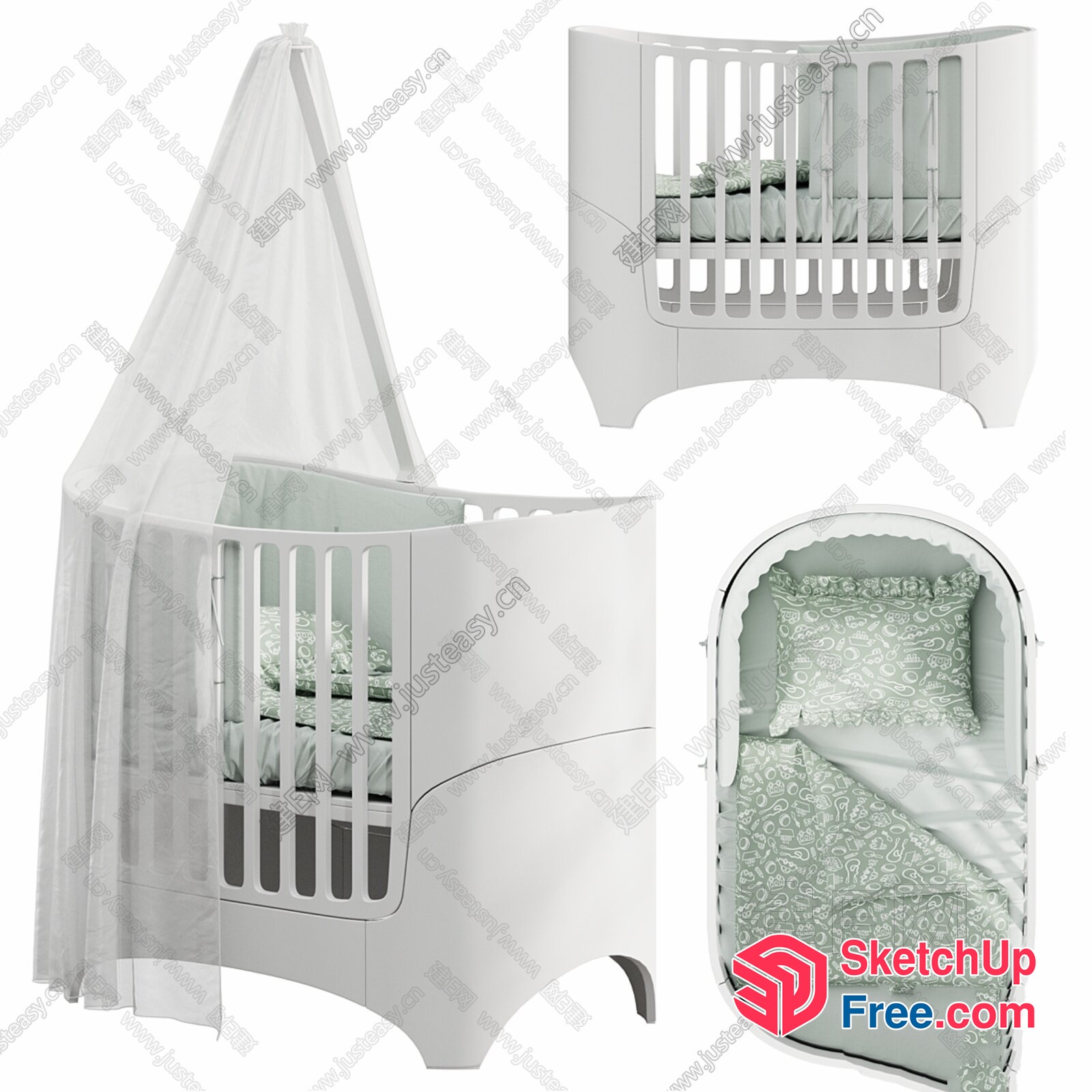 White Baby Crib With Canopy And Matching Bedding 3D SketchUp File