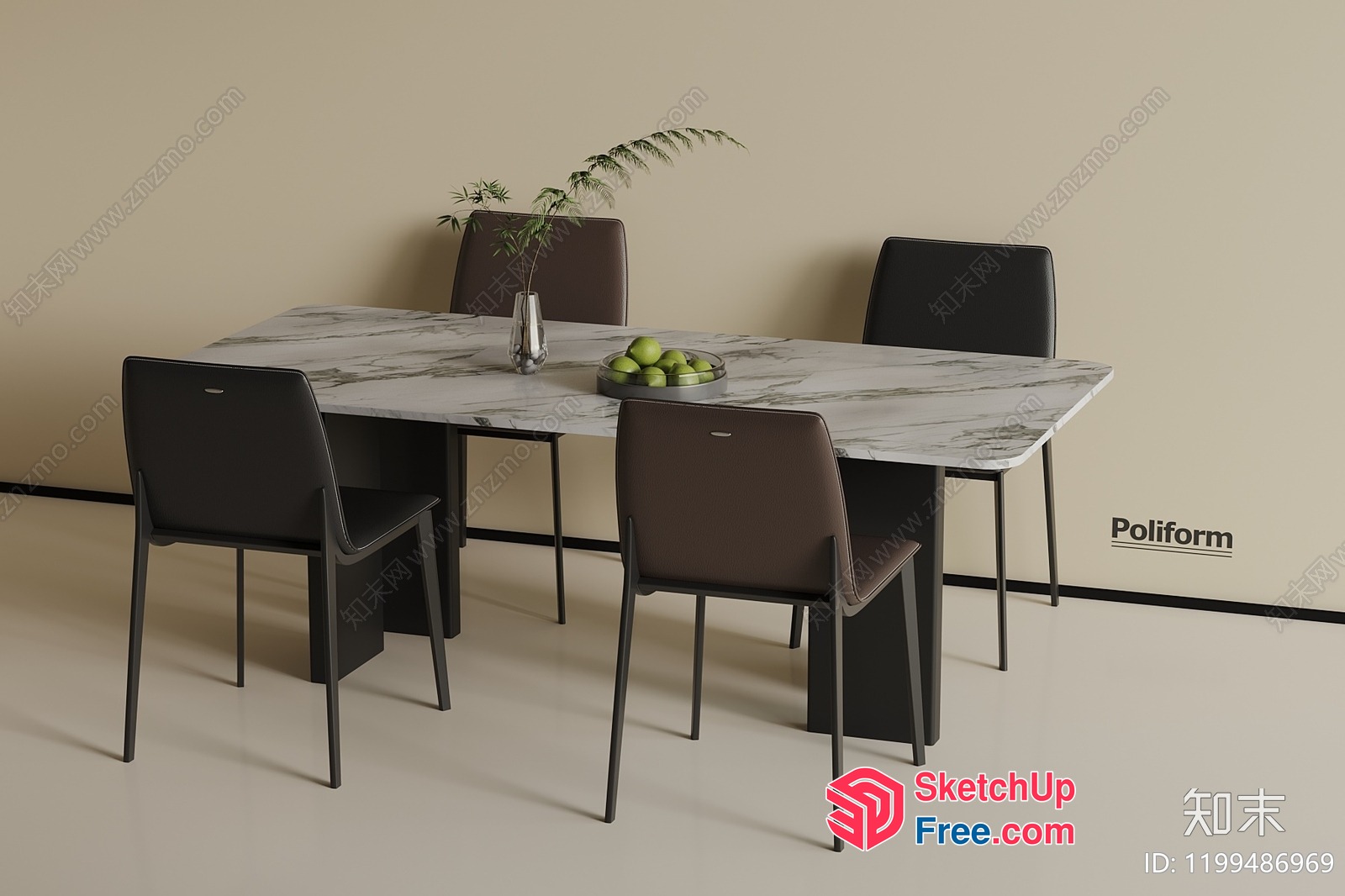 Modern Dining Table With Marble Top And Black Chairs 3D SketchUp File