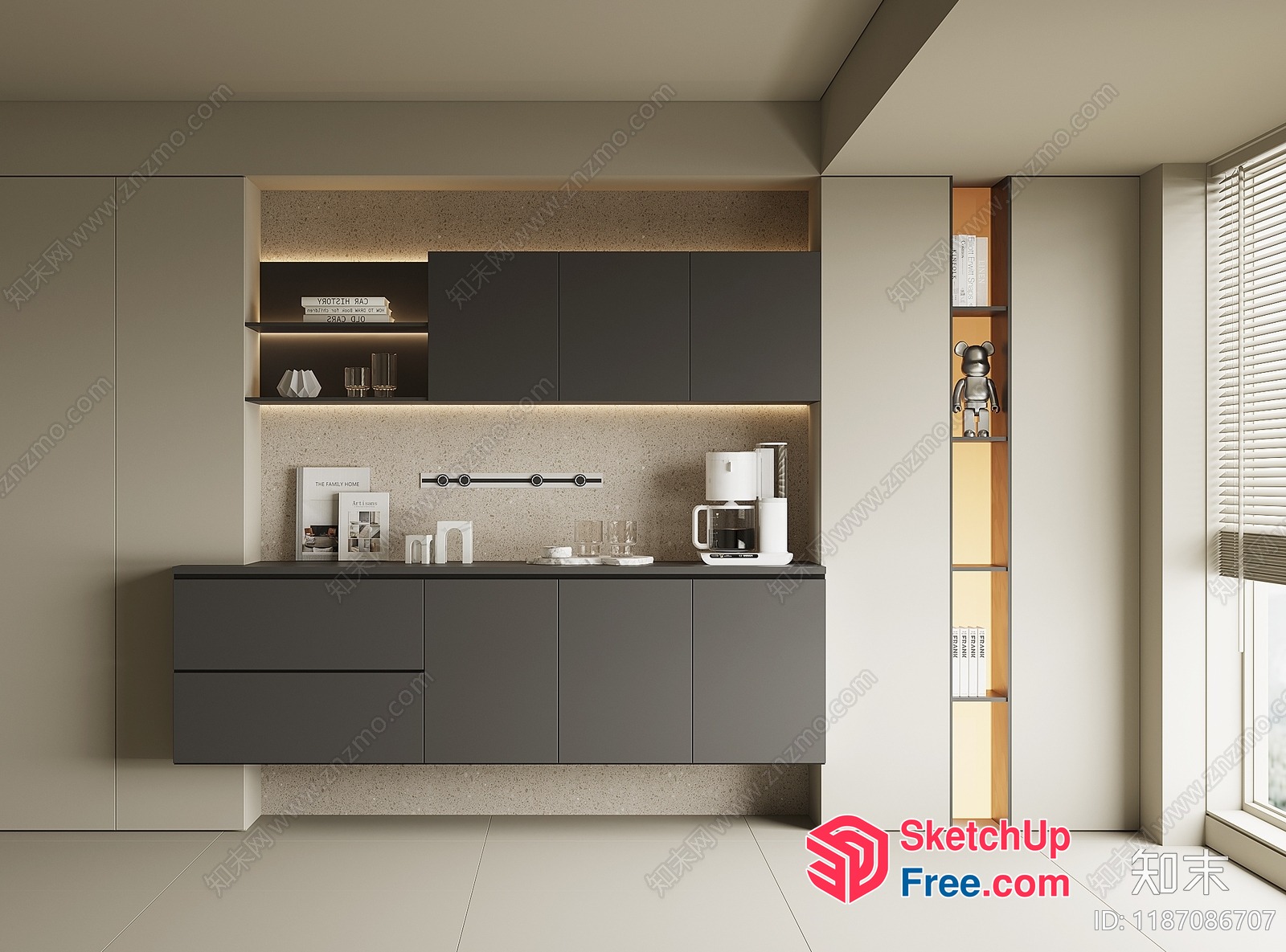 Modern Minimalist Kitchen With Coffee Station And Shelving 3D SketchUp File