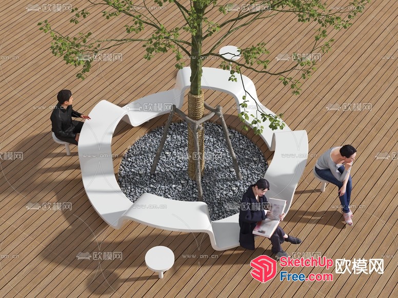 Outdoor Seating Area With Tree And Pebbles 3D SketchUp File