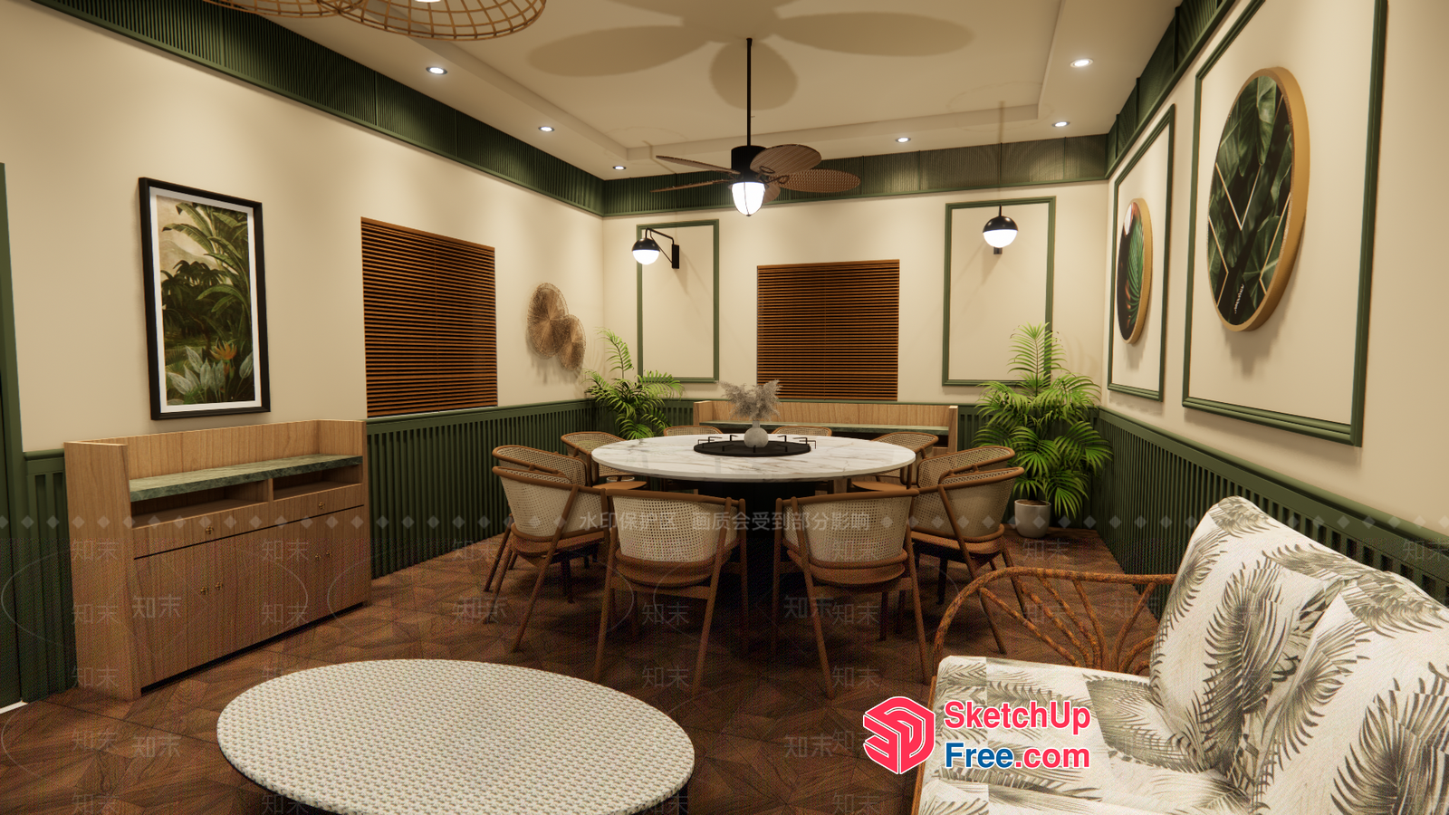 Tropical Dining Room With Green And Cream Color Scheme 3D SketchUp File