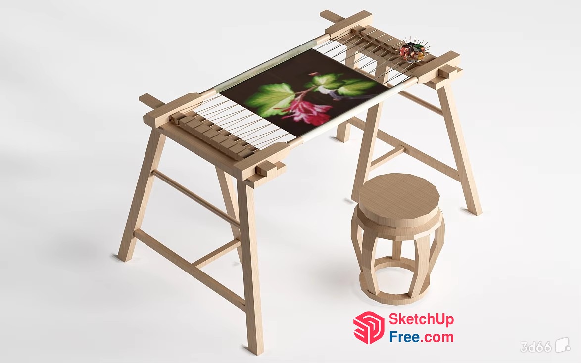 Simple Wooden Table With Floral Design And Stool 3D SketchUp File