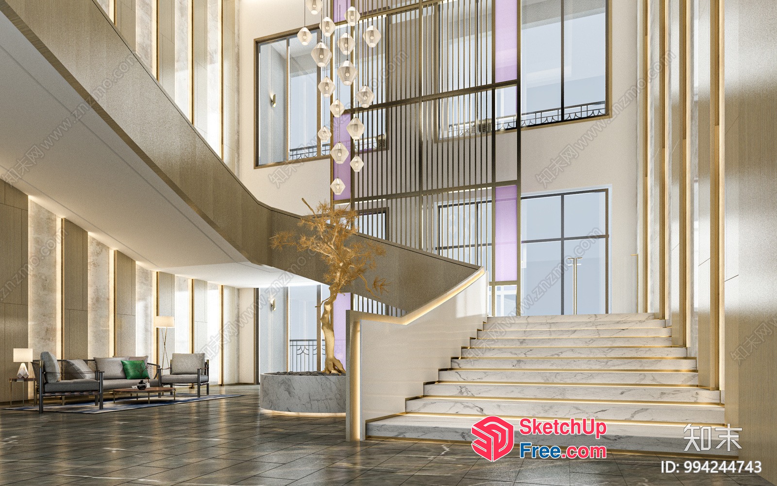 Grand Staircase With Marble And Gold Accents 3D SketchUp File