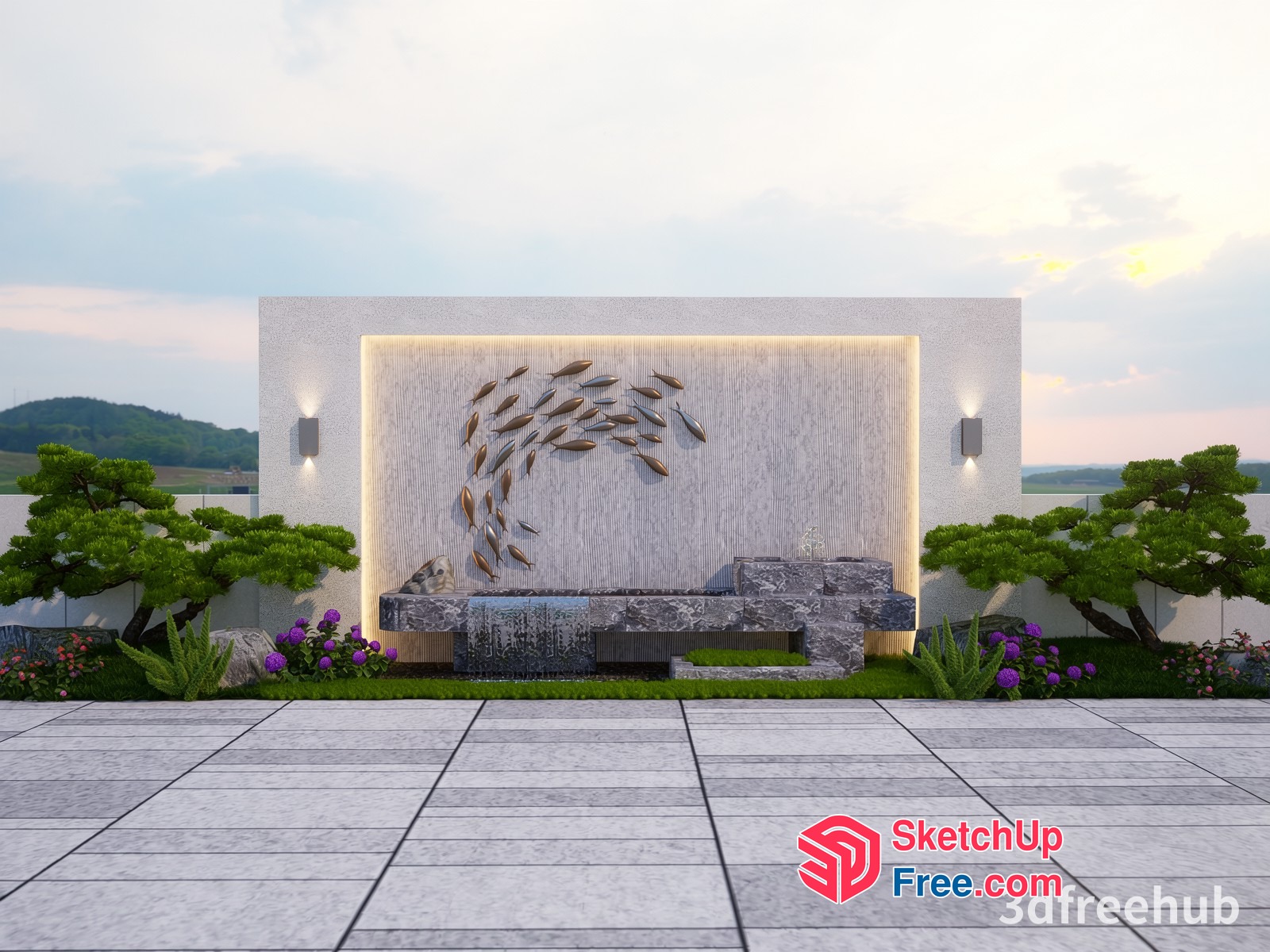 Elegant Modern Exterior Decor With Waterfall Feature 3D SketchUp File