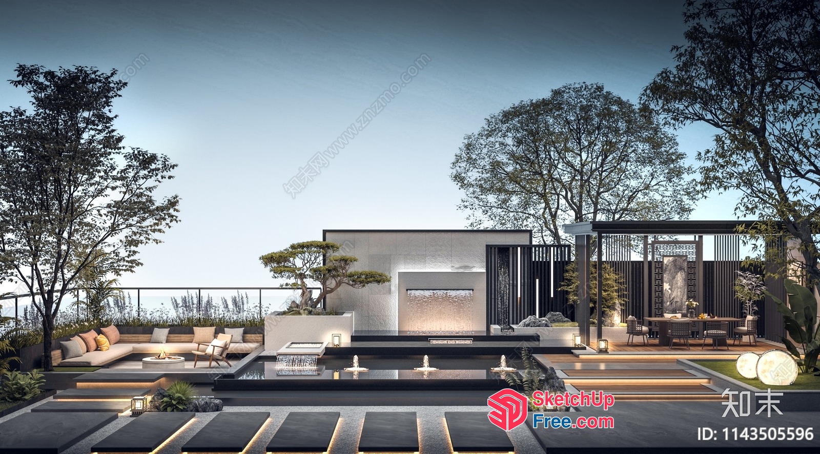 Modern Outdoor Space With Water Feature And Seating 3D SketchUp File