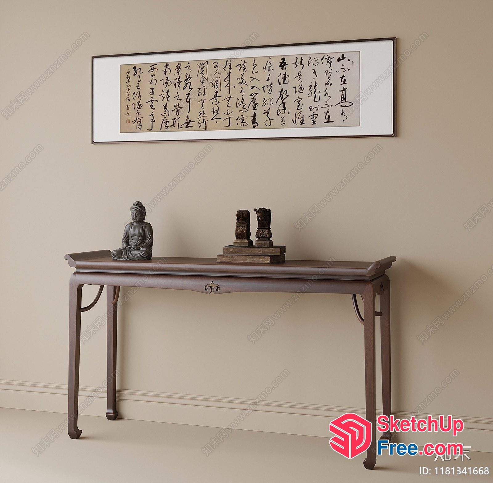 Elegant Console Table With Buddha Statue And Asian Calligraphy 3D SketchUp File