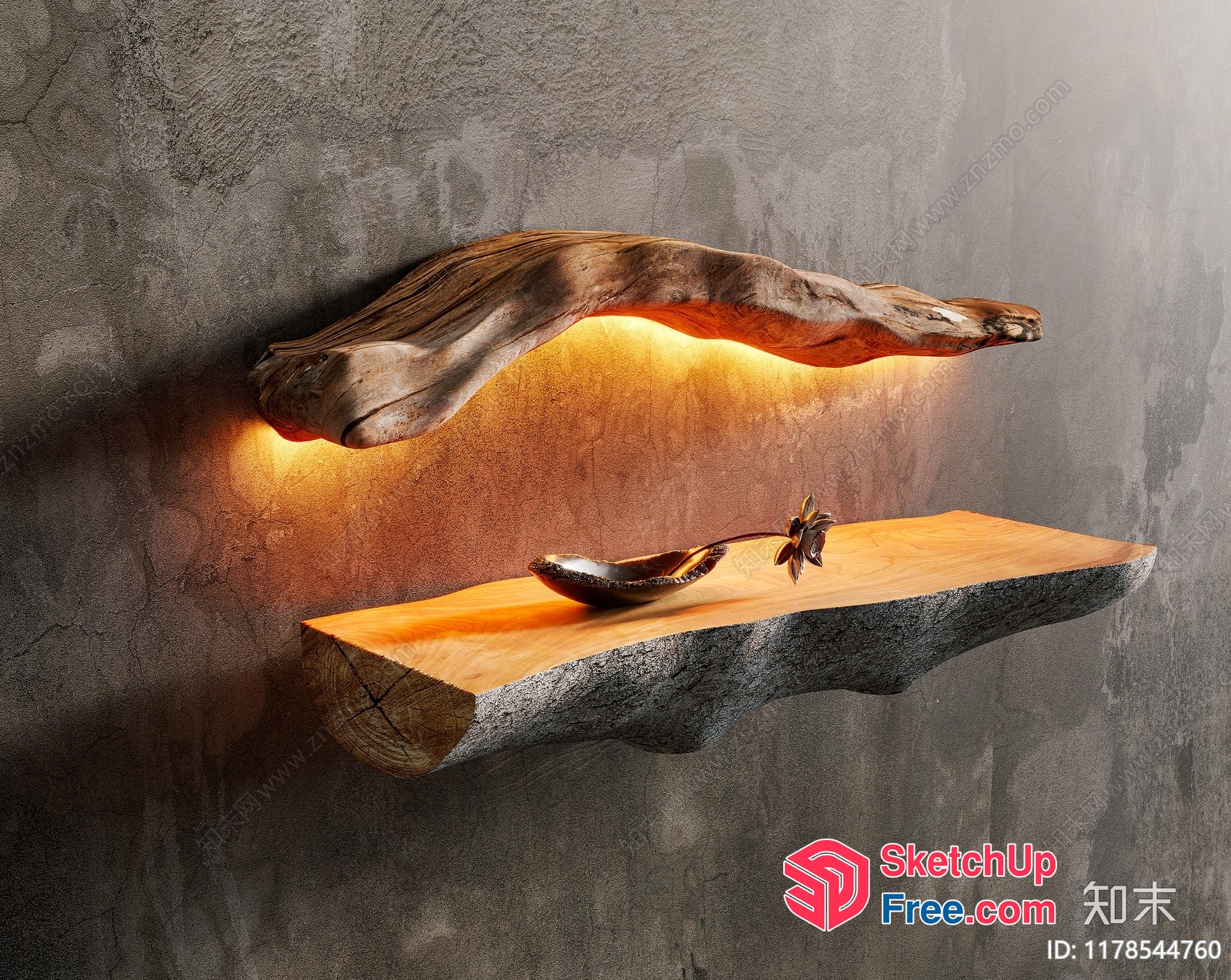 Wabi-Sabi Style Shelf With Carved Wood And Led Lighting 3D SketchUp File