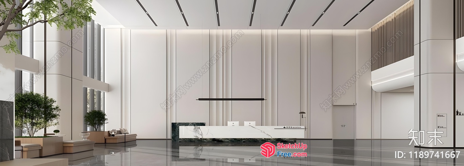 Modern Minimalist Office Interior With Sleek Marble Reception 3D SketchUp File
