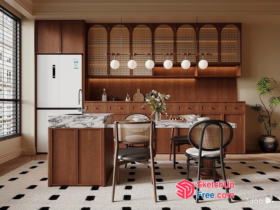 Elegant Modern Kitchen With Marble Island And Wooden Cabinets 3D SketchUp File