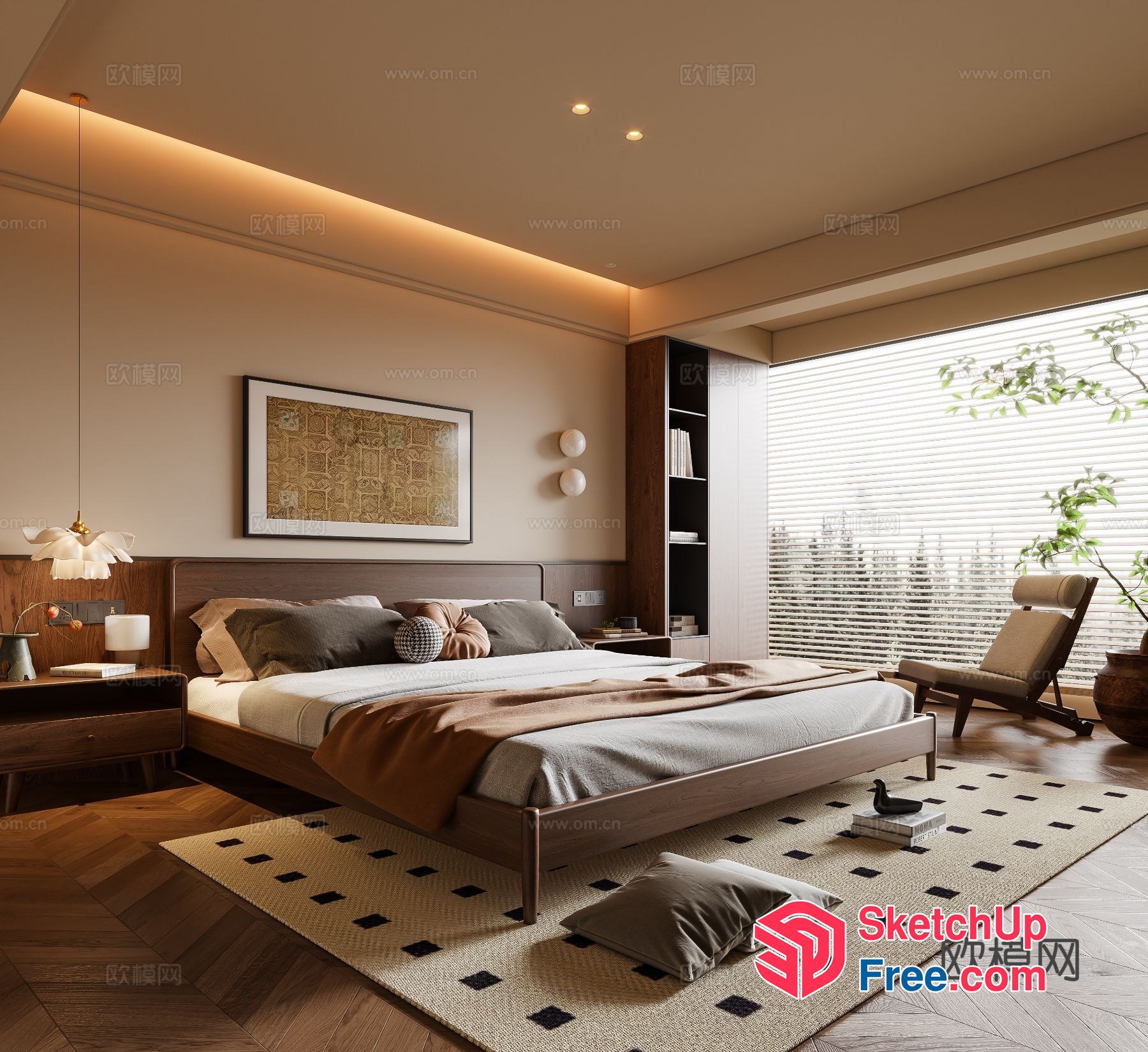 Modern Minimalist Japanese Style Bedroom With Wooden Furniture 3D SketchUp File